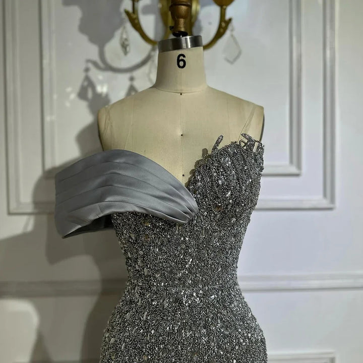 Serene Hill 2025 Dubai Grey Mermaid One Shoulder Beaded Long Evening Dresses Gowns For Formal Occasion DLA72650 Customized