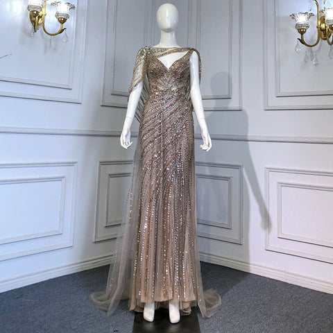 Luxury Champagne Split Diamond Beaded Sleeveless Evening Dress LA70301