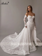 Alonlivn Customize Made Beauty Lace Fitted Beaded 2 In 1 Mermaid Wedding Gowns Trumpet Removable Train Bridal Gowns