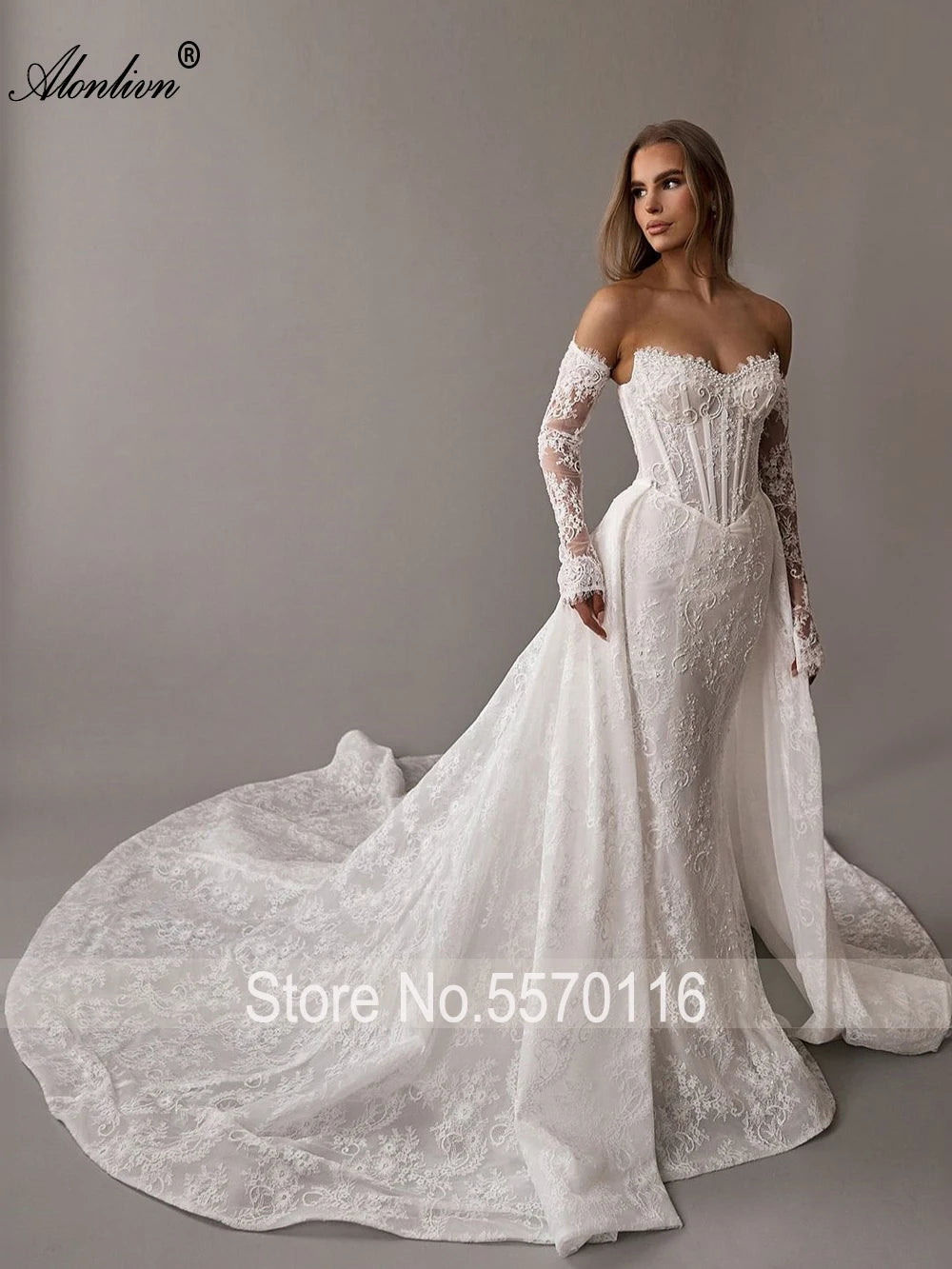 Alonlivn Customize Made Beauty Lace Fitted Beaded 2 In 1 Mermaid Wedding Gowns Trumpet Removable Train Bridal Gowns