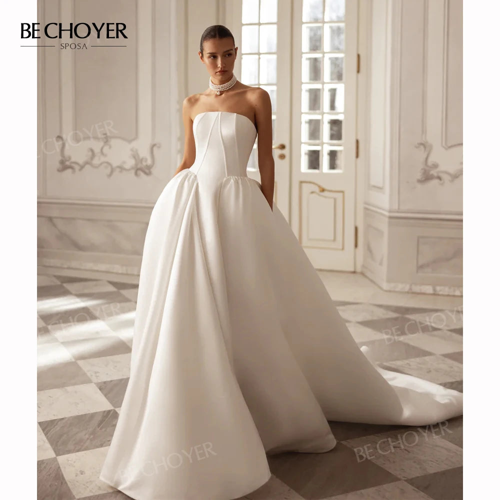 Vintage Sleeveless A-Line Wedding Dress 2027 Elegant Strapless Customized Bride Gown Princess BECHOYER T208 Vestido De Noiva