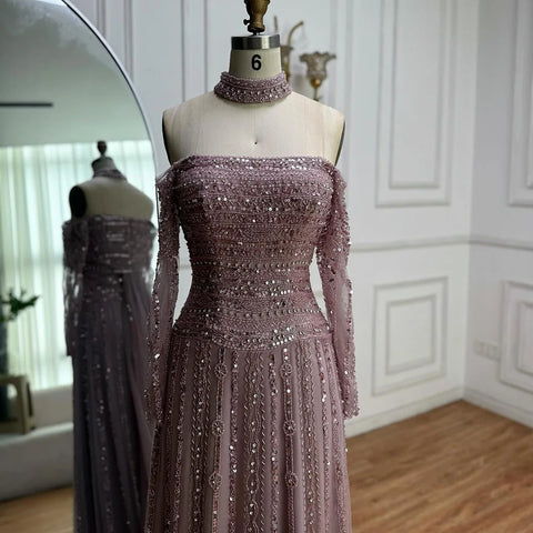 Luxury Caramel Off Shoulder Beaded Mermaid Evening Dress Long Sleeves LA73053