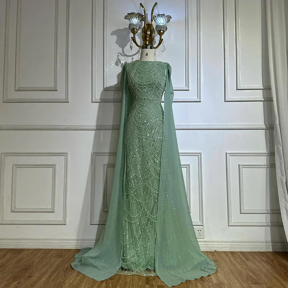 Elegant Dubai Sage Green Mermaid Evening Dress with Cape Sleeves Beaded Formal Gown Zapdress 2025 Customized DLA72160A (ZD17330)
