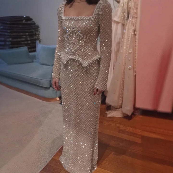 Elegant Beaded Pearl Mermaid Evening Dress with Long Sleeves for Wedding Occasion Zapdress 2025 Customized DLA72919A