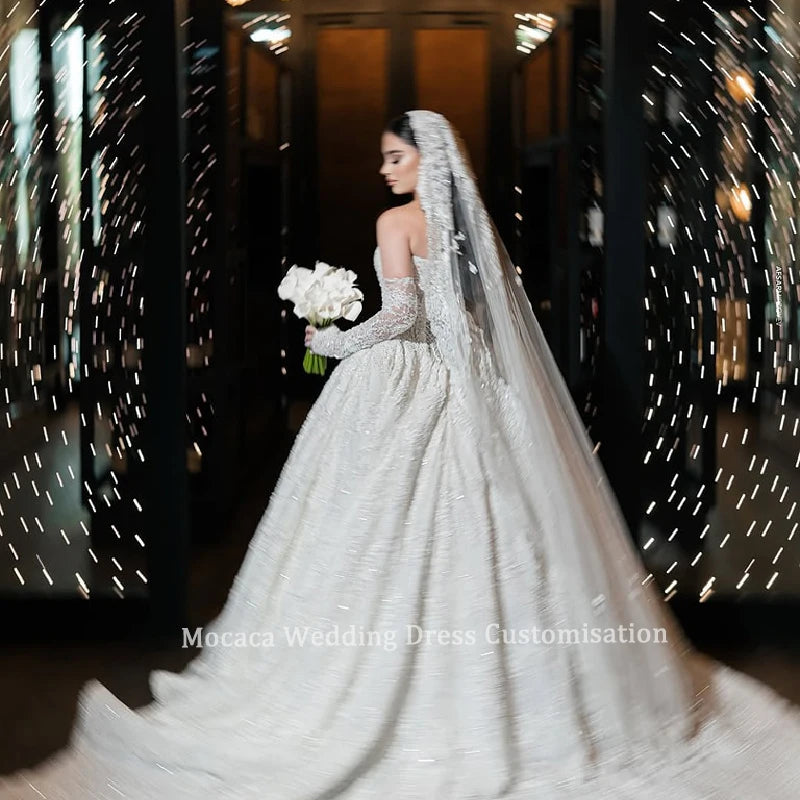 Mocaca Customized Luxury Sequins Lace Applique Ball Gown Wedding Dress Off Shoulder Appliques Long Sleeve Bridal Gown