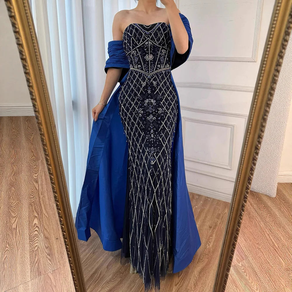 Serene Hill Nude Strapless Off Shoulder Mermaid Overskirt Evening Dress Beaded Party Gowns for Women 2025 Customized DLA72819