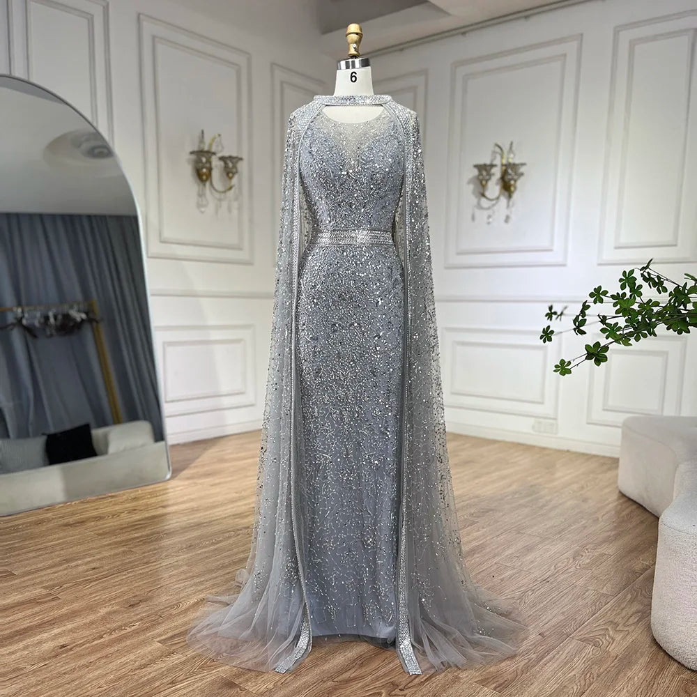 Zapdress Customized 2026 Gray Arabic Mermaid Beaded Evening Dresses With Detachable Long Cape For Formal Occasion (ZD17340)