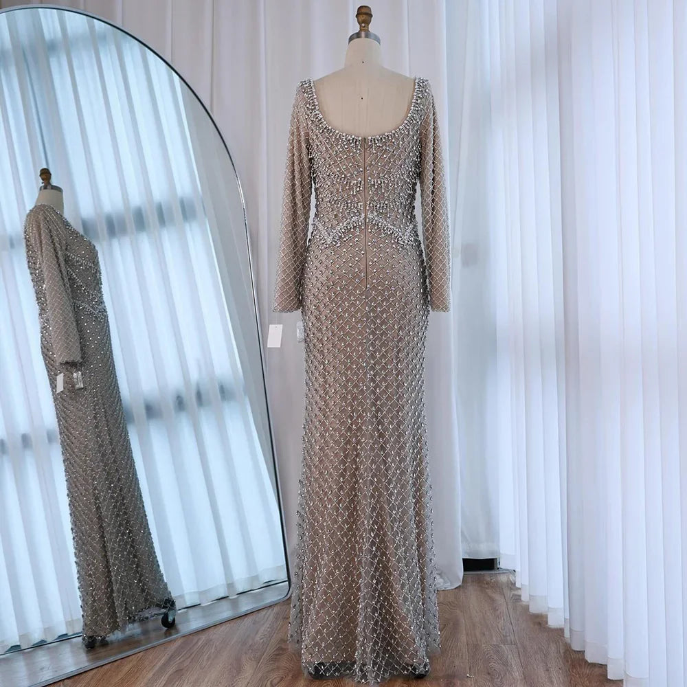 Elegant Beaded Pearl Mermaid Evening Dress with Long Sleeves for Wedding Occasion Zapdress 2025 Customized DLA72919A