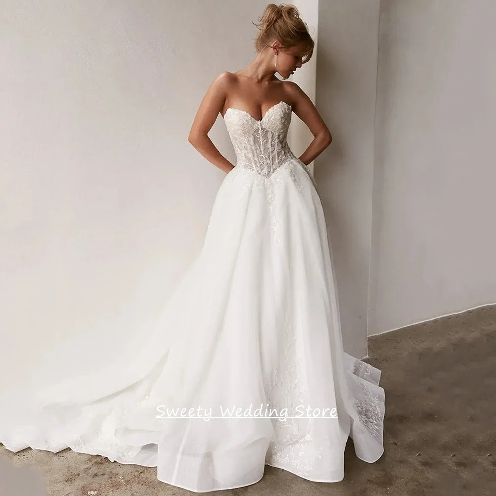 Custom Sleeveless Sweetheart A Line Wedding Dress With Lace Applique Train