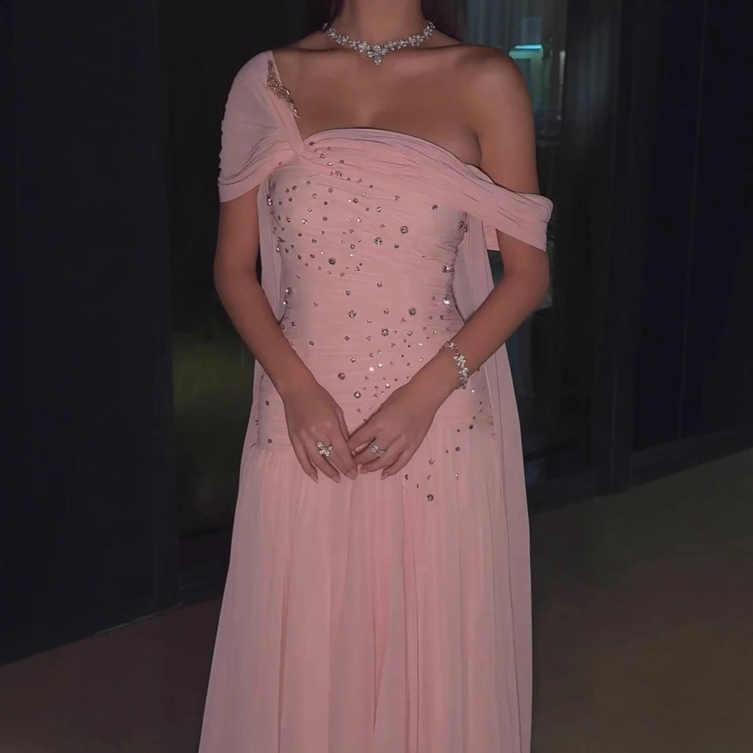 Serene Hill Pink Chiffon Mermaid Evening Gowns 2026 Elegant Mermaid Off-Shoulder Pleated Ruched Prom Dresses LA73347 Customized