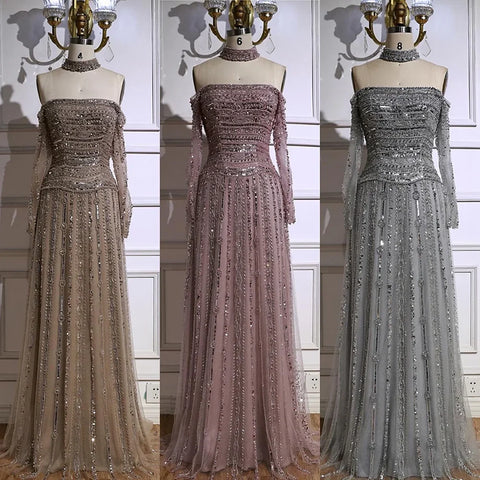 Luxury Caramel Off Shoulder Beaded Mermaid Evening Dress Long Sleeves LA73053