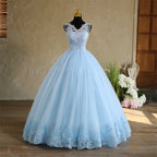 Spring New Sky Blue Quinceanera Dresses Sleeveless V-neck For Party Sweet Ball Gown Lace Appliques Prom Dress Customize Vestido