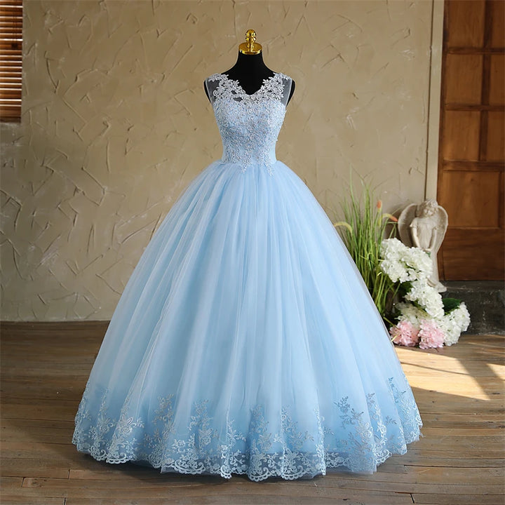Spring New Sky Blue Quinceanera Dresses Sleeveless V-neck For Party Sweet Ball Gown Lace Appliques Prom Dress Customize Vestido
