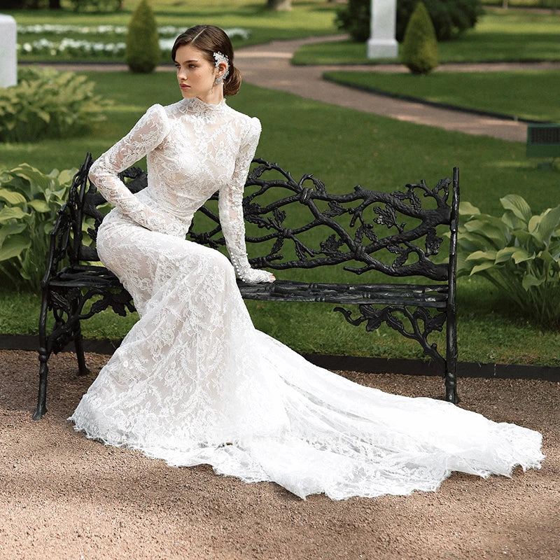 Mocaca Customized Luxury High Neck Lace Mermaid Wedding Dress Long Sleeve 2and1Detachable Train Bridal Gown Vestido De Novia
