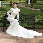 Mocaca Customized Luxury High Neck Lace Mermaid Wedding Dress Long Sleeve 2and1Detachable Train Bridal Gown Vestido De Novia
