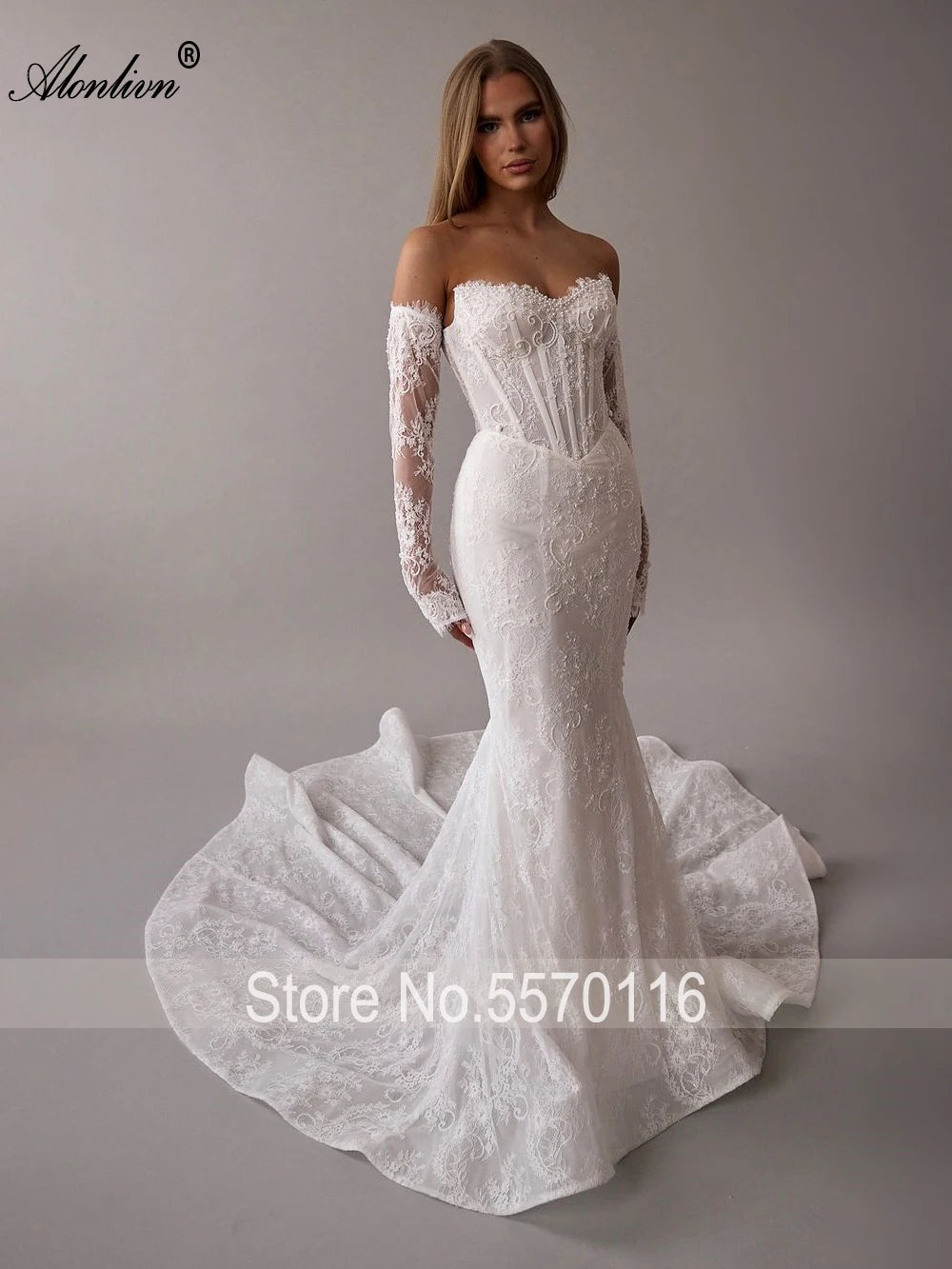 Alonlivn Customize Made Beauty Lace Fitted Beaded 2 In 1 Mermaid Wedding Gowns Trumpet Removable Train Bridal Gowns