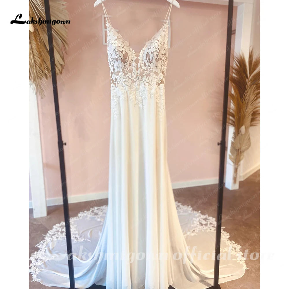 Sexy Beach Wedding Dress Customized Spaghett Straps Robe Mariee Vintage Lace Appliques Boheme Wedding Dresses Vestidos De Nova