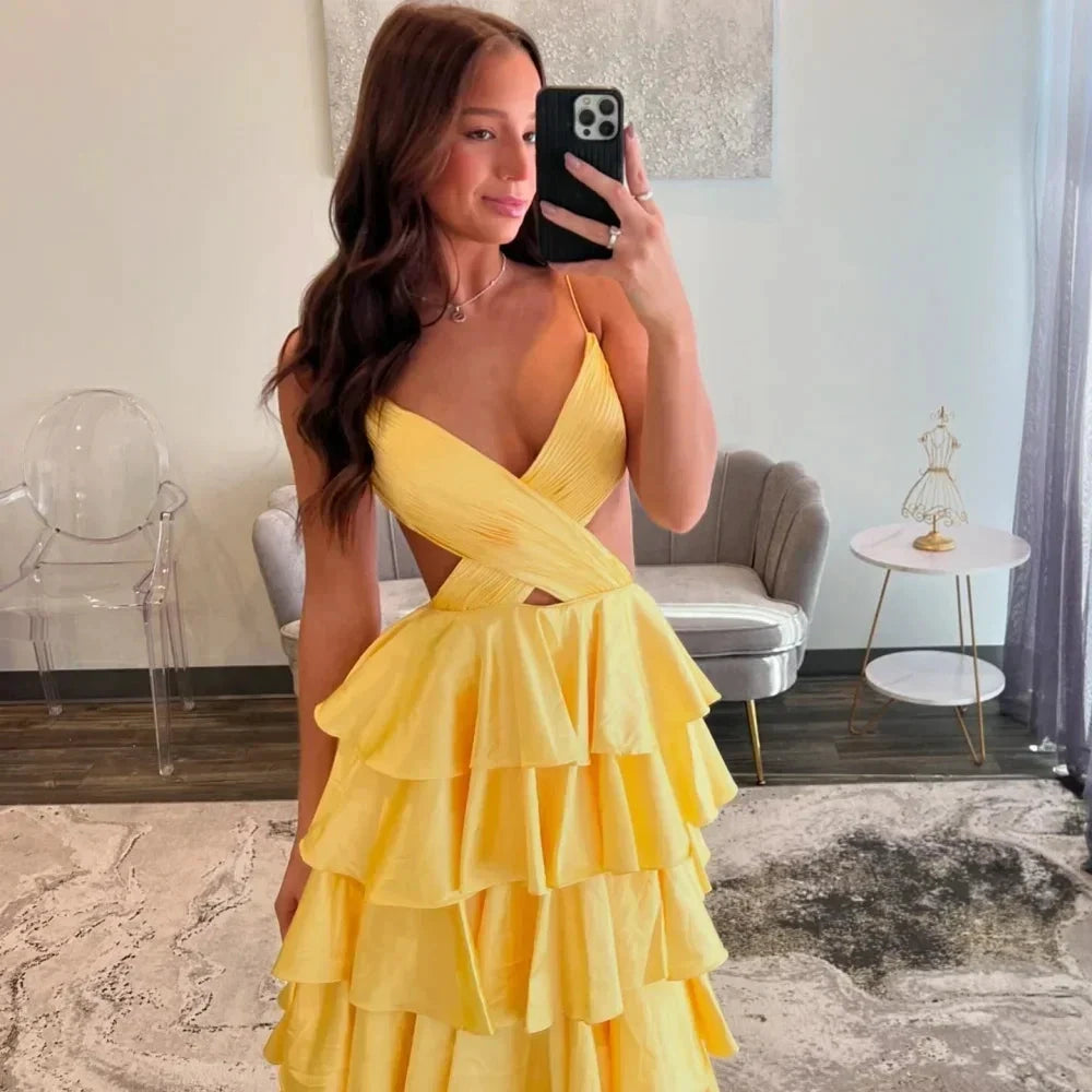 Customized Golden Emulation Silk Strapless Prom Dresses Backless vestidos de noche Floor-Length Sleeveless Formal Evening by Sunnderly