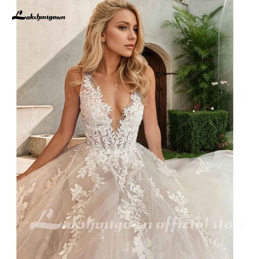 Custom A Line Backless Wedding Dress Featuring Beaded Lace Tulle