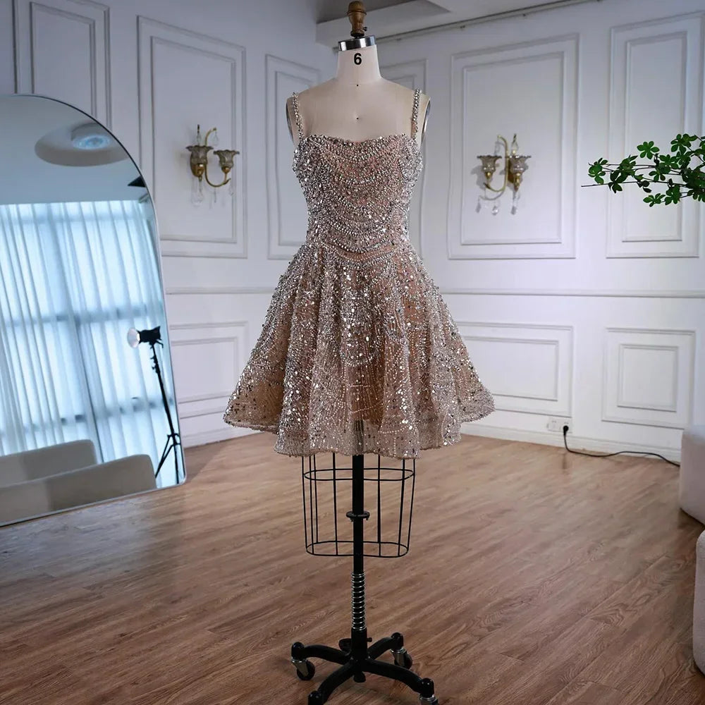 Zapdress Elegant Nude Short Evening Dress A-Line Mini Crystal Cocktail for Women 2025 DLA72983 Customized (ZD17368)