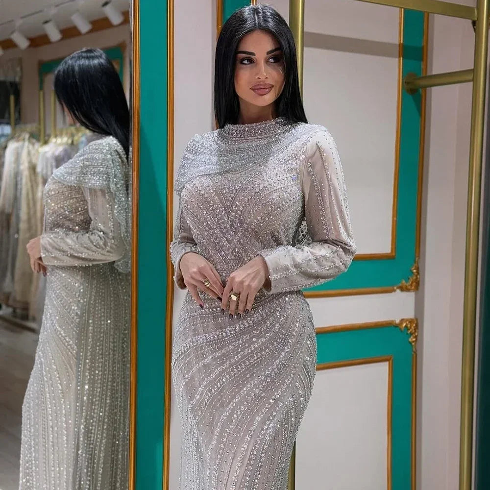 Zapdress 2025 Muslim-inspired Silver Nude Beaded Sparkle Elegant Mermaid Evening Dresses Gowns for Party DLA70752H Customized (ZD17353)