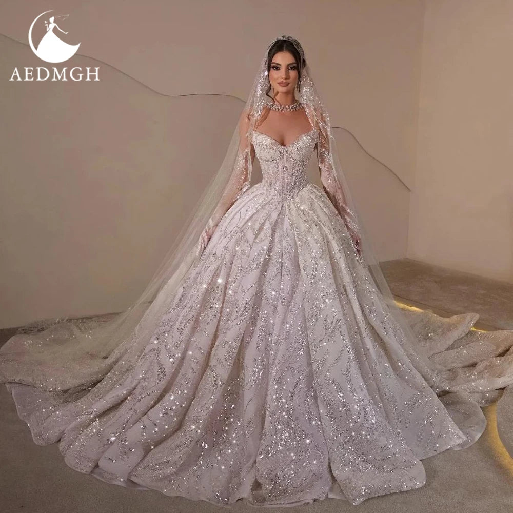 Aedmgh Ball Gown Luxury Wedding Dresses Strapless Vestido De Novia Lace Beaded Sequined Royal Princess Custom Made Bridal Gowns