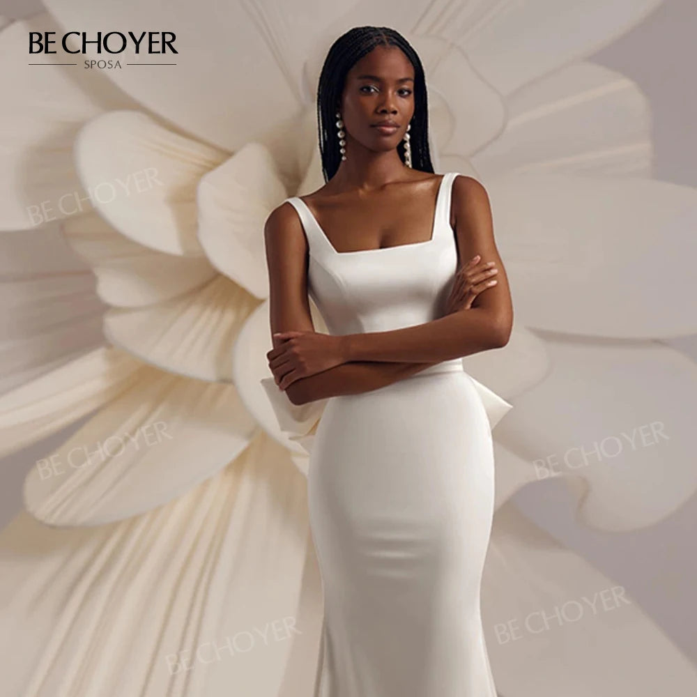 Sleeveless Mermaid Wedding Dress 2026 Square Collar Satin Detachable Bride Gown customized BECHOYER EL312 Vestido de Noiva