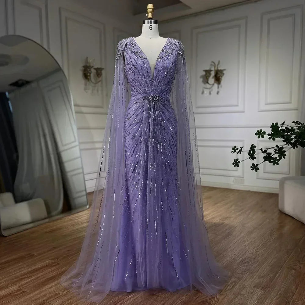 Serene Hill V-neck Turquoise Beaded Mermaid Evening Dress with Cape Plus Size Party Gowns for Women DLA72168A Customized