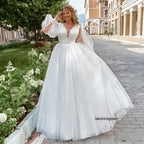 ZapDress Plus Size Long Wedding Dress Puff Sleeves V Neck Sweep Train A Line Tulle Robe De Mariage Bridal Dress Customized