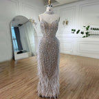Serene Hill Customized White Nude Mermaid Beaded Feather Evening Gowns 2026 Wedding Party Prom Dresses For Women DLA72047