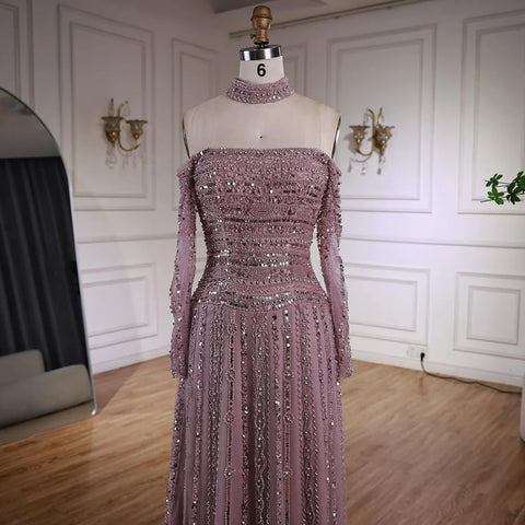 Luxury Caramel Off Shoulder Beaded Mermaid Evening Dress Long Sleeves LA73053