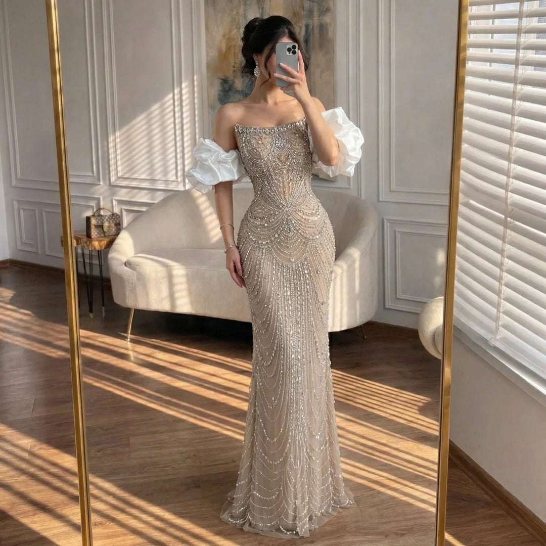 Luxury Beaded Evening Dresses with Elegant Puff Sleeves Pearl Beaded Adorned Design Zapdress DLA72903 Customized