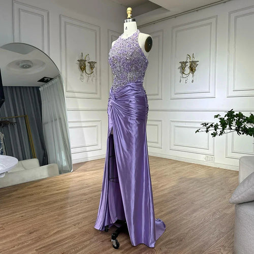 Zapdress Customized 2025 Lilac Halter Side Slit Mermaid Evening Gown Wedding Party Bridesmaid Dress for Women (ZD17315)