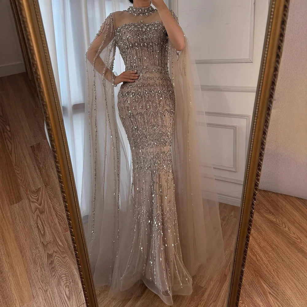 Serene Hill Dubai Blue Beaded Evening Dress with Cape Sleeves 2025 Formal Party Gowns for Women DLA72714A Customized