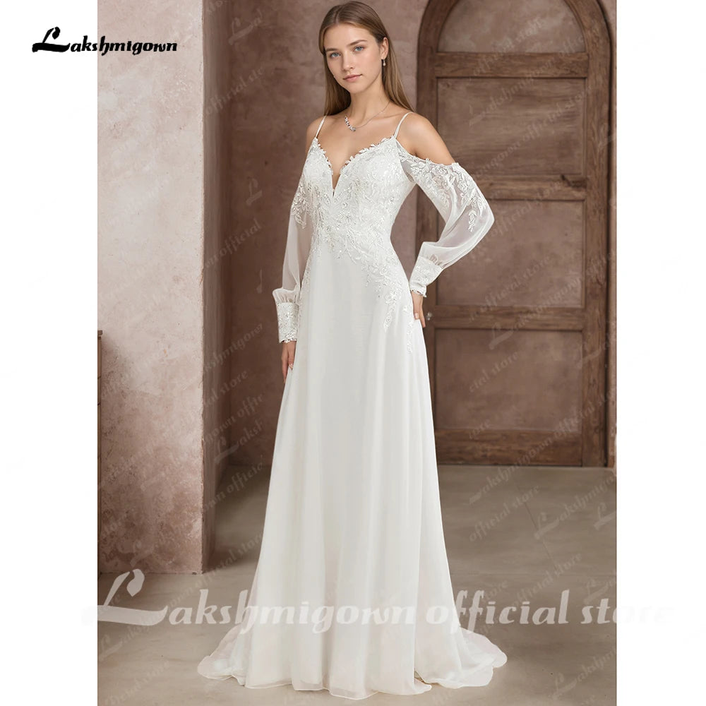 ZapDress Illusion Off White Wedding Dress Off Shoulder Long Sleeve Bridal Gown for Women Summer Vestido De Novia Customized
