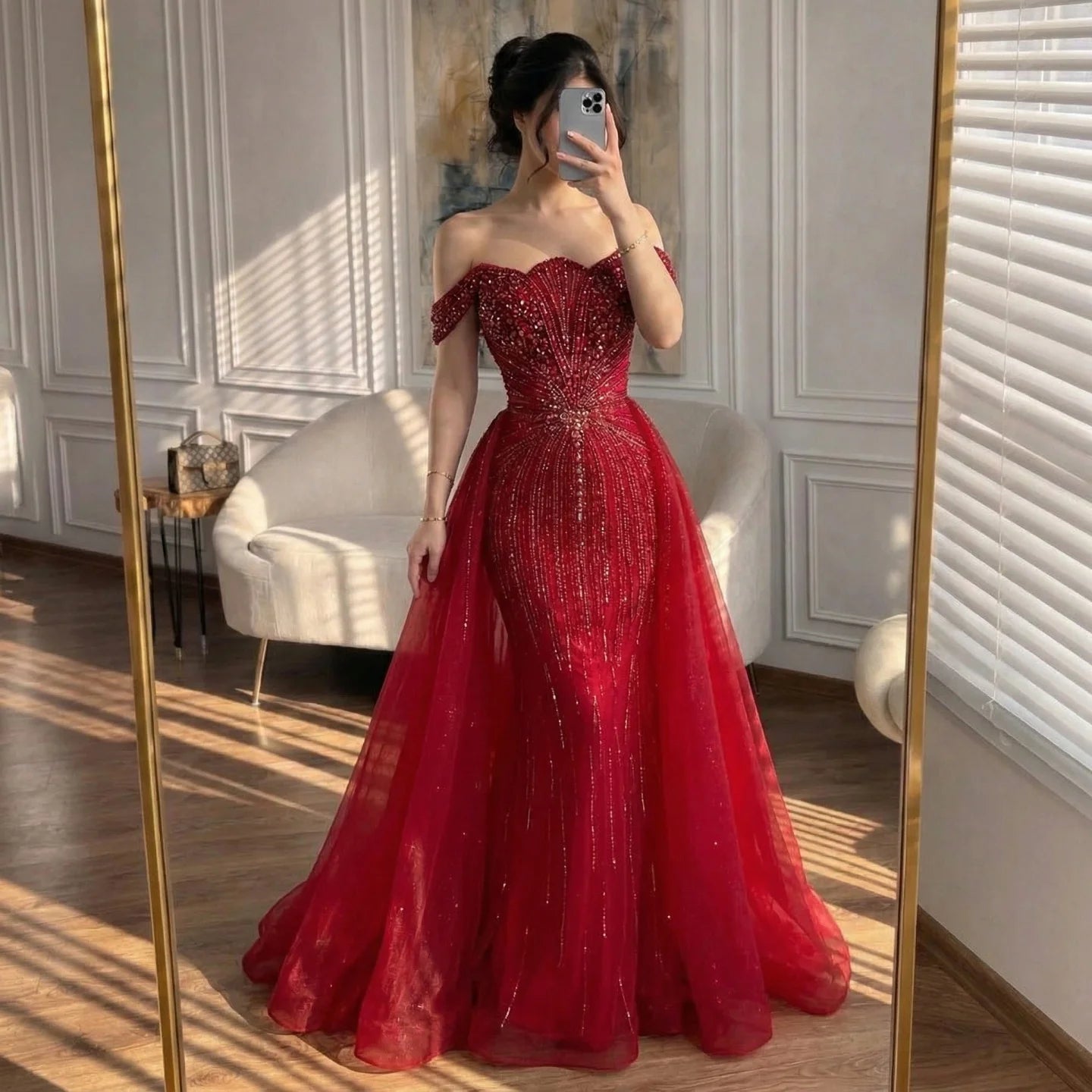 Serene Hill Green Mermaid Beaded Evening Party Gown 2026 Elegant Off-Shoulder Runway Dress with Overskirt Customized DLA73392