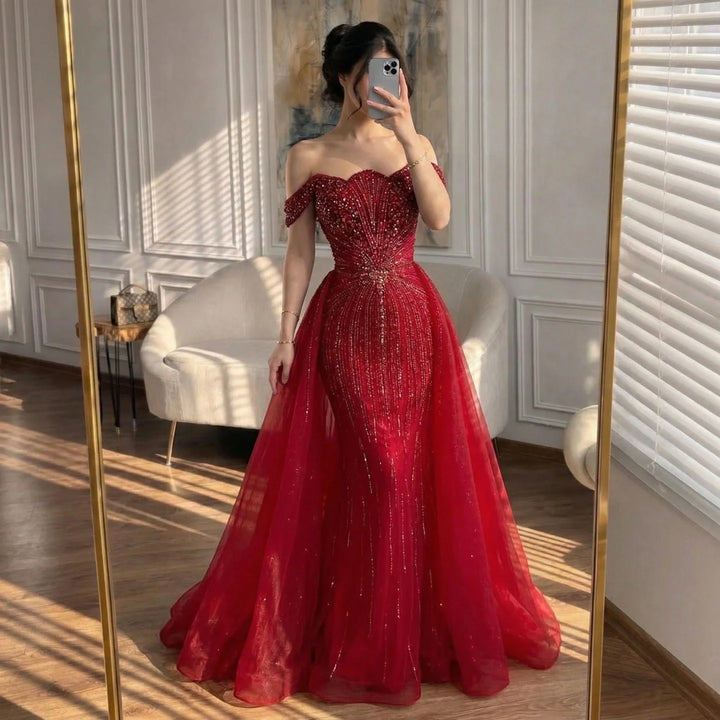 Serene Hill Green Mermaid Beaded Evening Party Gown 2026 Elegant Off-Shoulder Runway Dress with Overskirt Customized DLA73392
