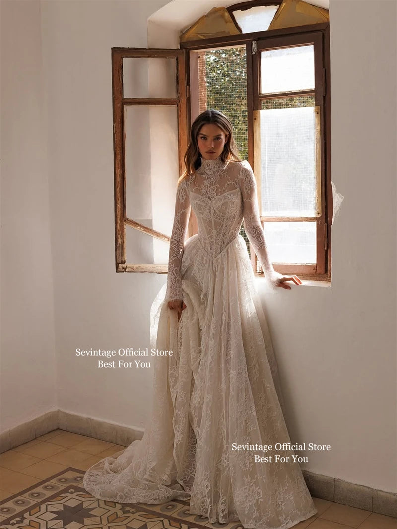Sevintage Full Lace Ivory Wedding Dresses High Collar Long Sleeves Bridal Gowns Floor Length A-Line Wedding Gowns 2025 Customize