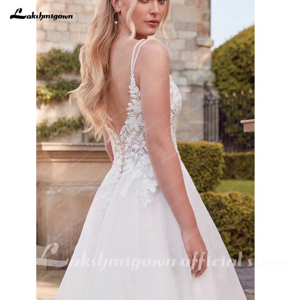 ZapDress Vintage Wedding Dresses for Bride Spathetti Straps V-neck Illusion Lace Appliques Robe De Mariee Customized