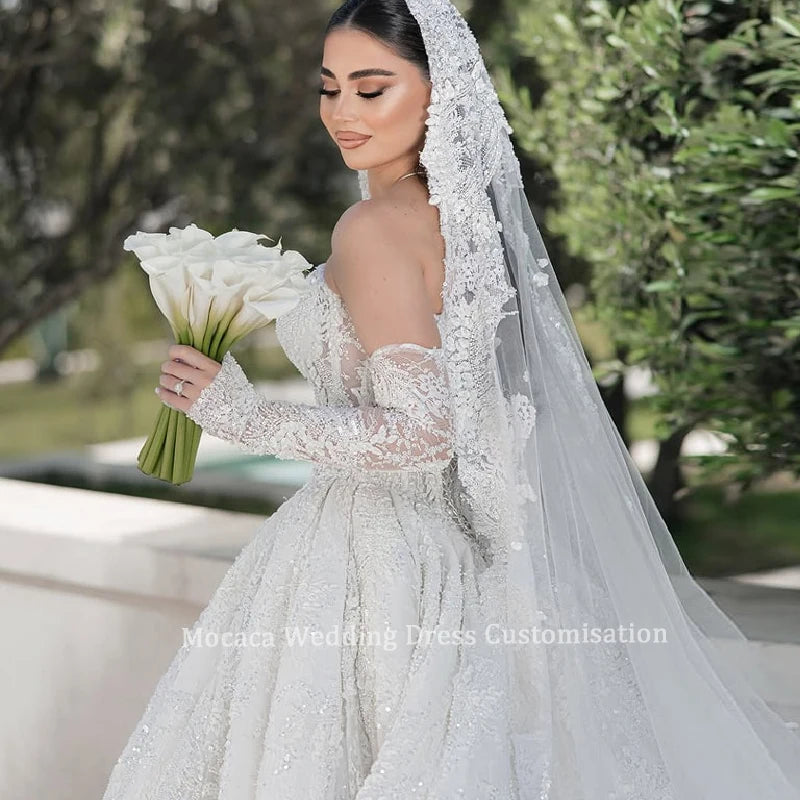 Mocaca Customized Luxury Sequins Lace Applique Ball Gown Wedding Dress Off Shoulder Appliques Long Sleeve Bridal Gown