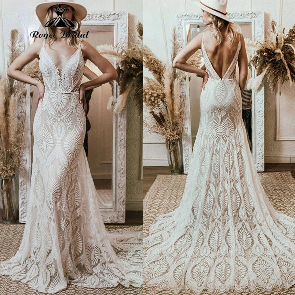 Bohemian Beach Lace Sleeveless Wedding Dress Open Back Mermaid Train Brides Gown Elegant Vestido De Novia Boda 2026 Customized