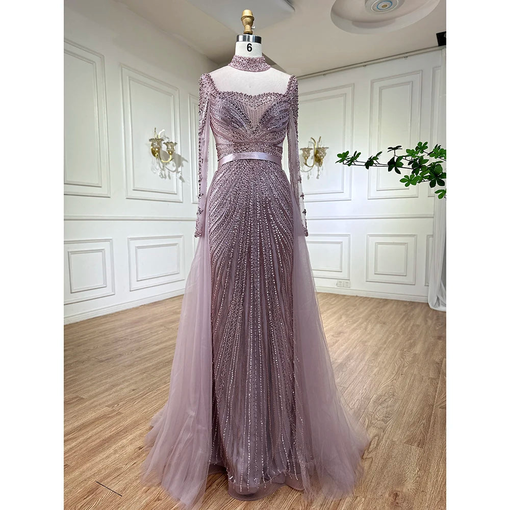 Zapdress Customized Nude Long Sleeves Beaded Mermaid Dubai Evening Dresses 2025 Muslim Party Gowns for Veiled Women (ZD17327)