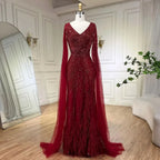 Serene Hill Black Mermaid Cape Sleeves Feathers Beaded Evening Dresses Party Gowns with Split for Women DLA72216 Customized