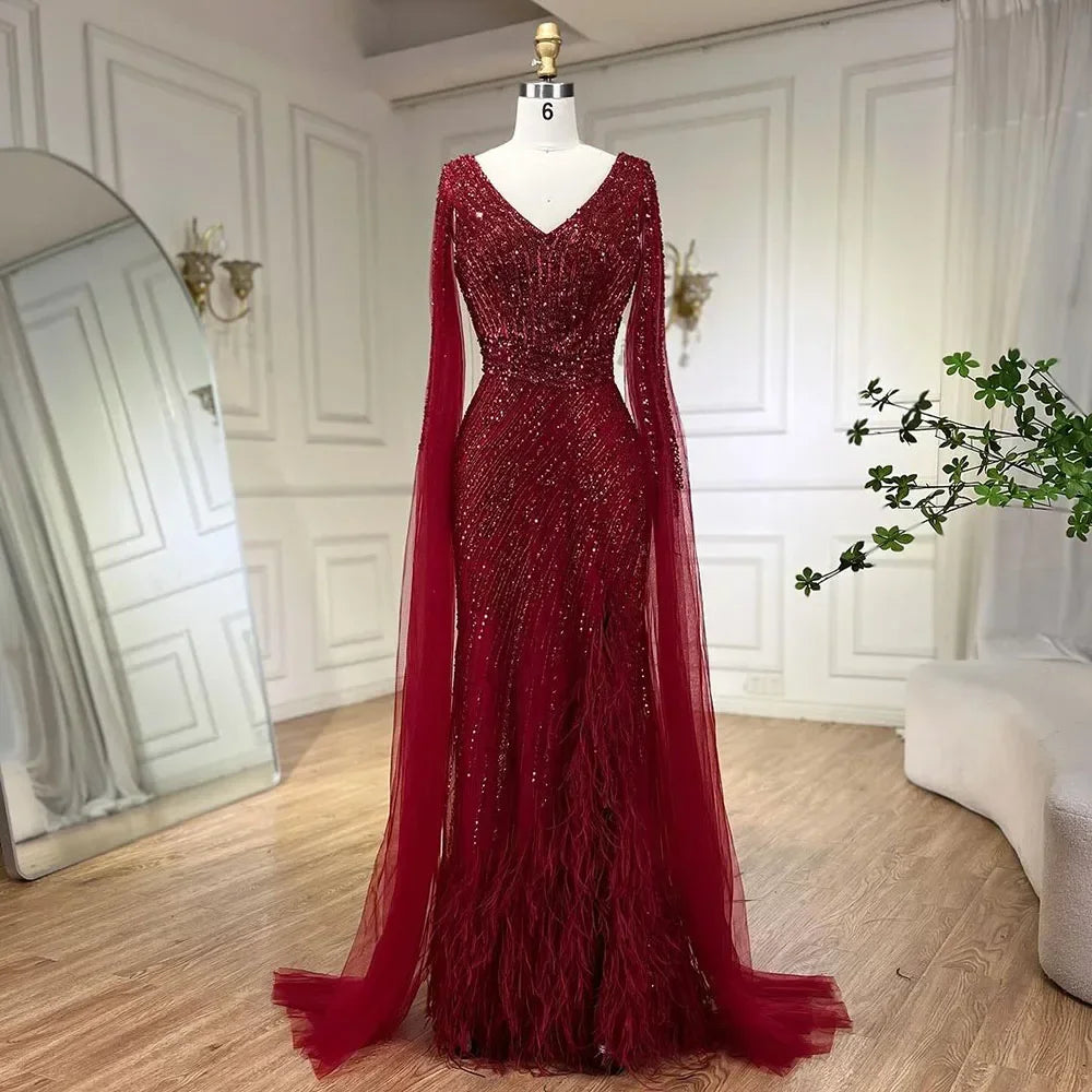 Serene Hill Black Mermaid Cape Sleeves Feathers Beaded Evening Dresses Party Gowns with Split for Women DLA72216 Customized