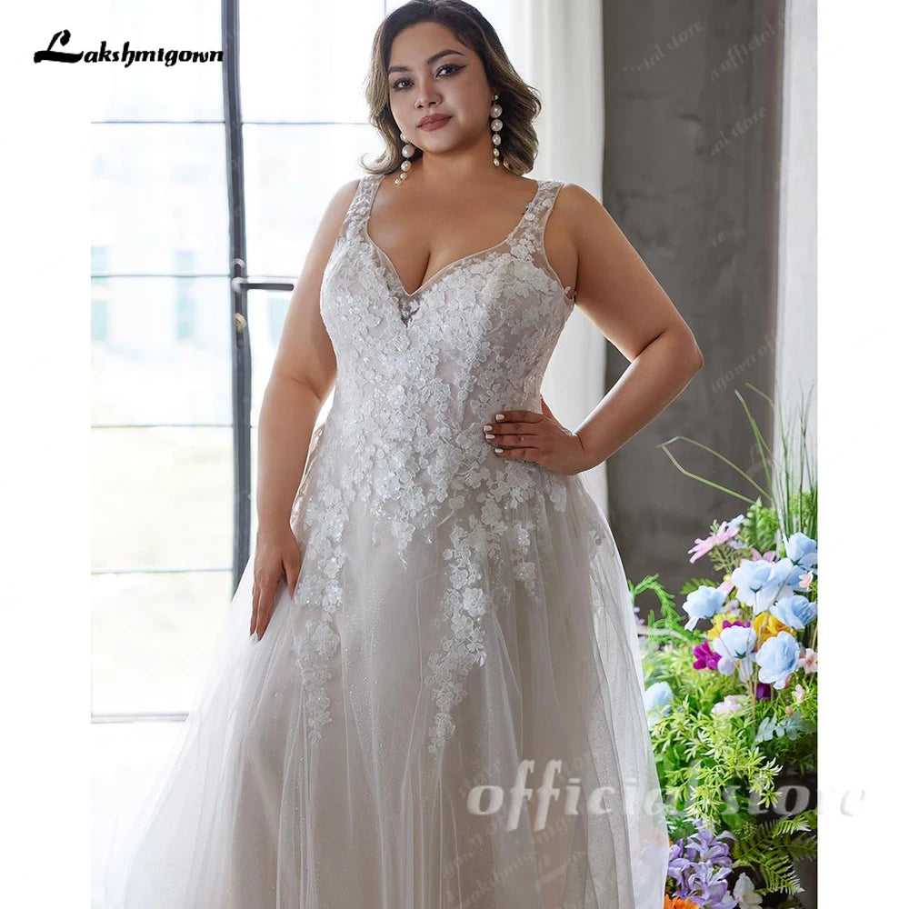 ZapDress Plus Size V-neck Wedding Dresses For Woman Bride Illusion Back A-line Tulle Appliques Bridal Gown Customized