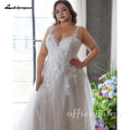 ZapDress Plus Size V-neck Wedding Dresses For Woman Bride Illusion Back A-line Tulle Appliques Bridal Gown Customized
