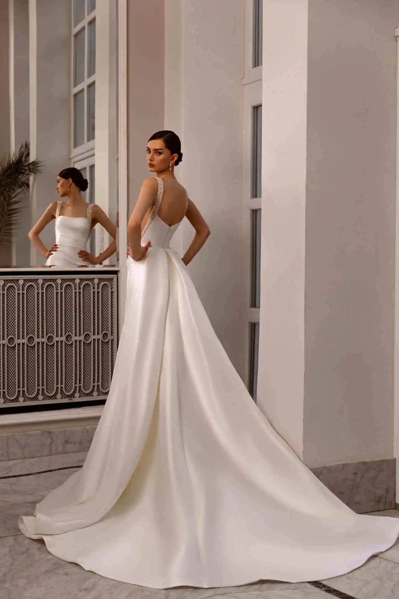 ZapDress Customized Elegant Satin Square Collar 2 In 1 Mermaid Wedding Dresses Beading Pearls Lace Sleeveless Bridal Gown