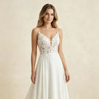 Women's Spaghetti Straps Deep V Backless Wedding Dresses Lace Appliques Chiffon Bridal Gown with Train Elegant Boho Bride Dress