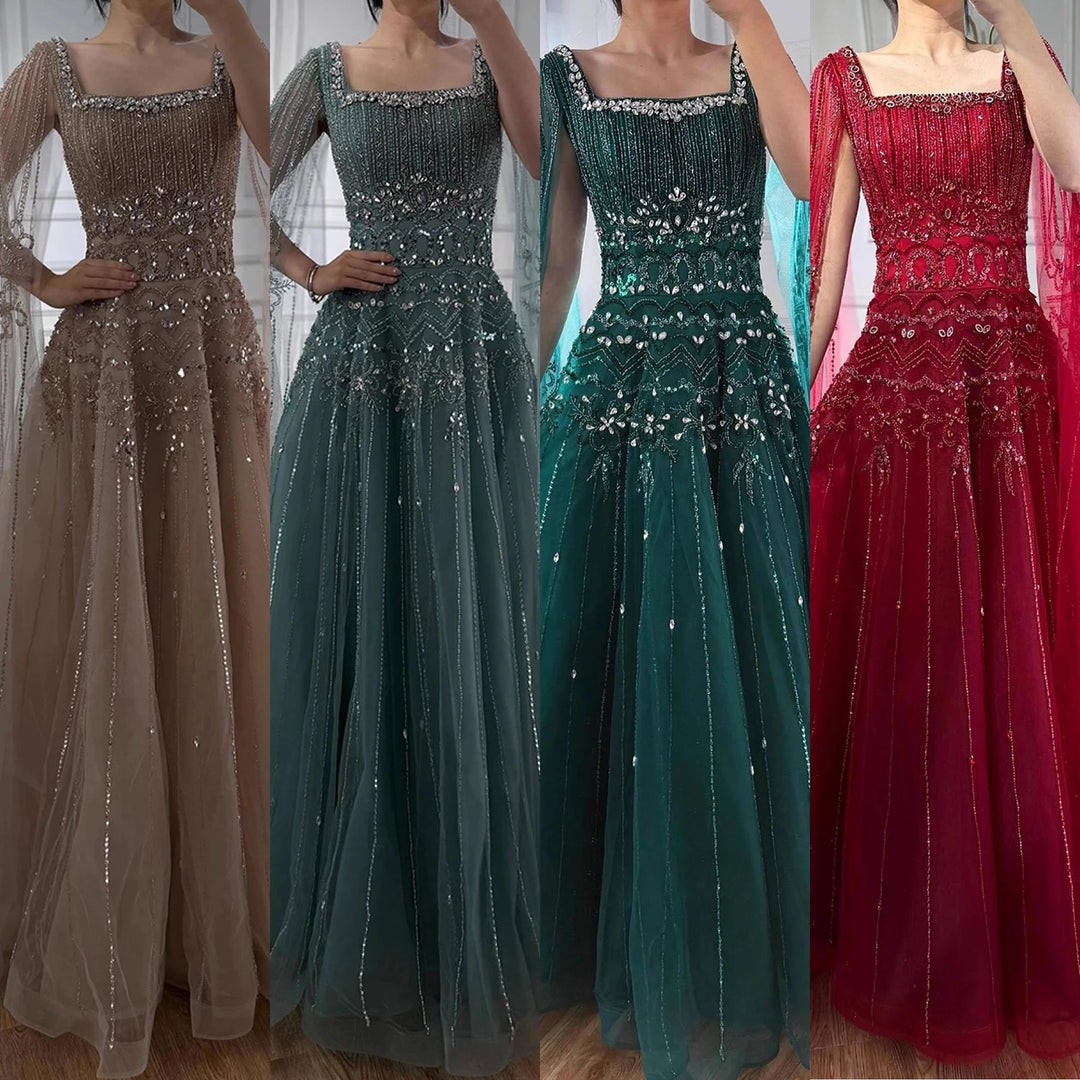 Serene Hill Red Square Collar A-Line Beaded Evening Dress with Cape Sleeves 2026 Party Gowns for Women DLA73089A Customized