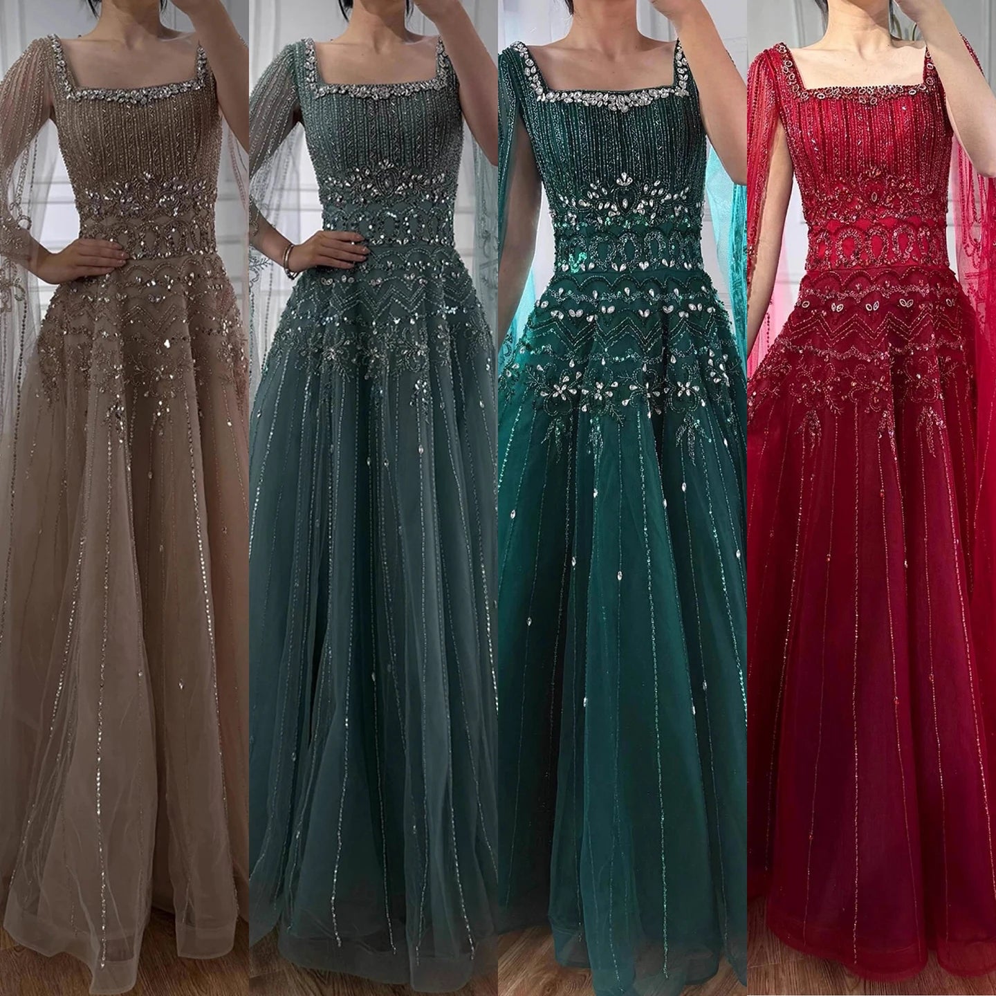 Serene Hill Red Square Collar A-Line Beaded Evening Dress with Cape Sleeves 2026 Party Gowns for Women DLA73089A Customized